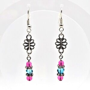 Silvertone Drop Dangle Hook Pierced Earrings with Blue‎ and Pink Glass Beads